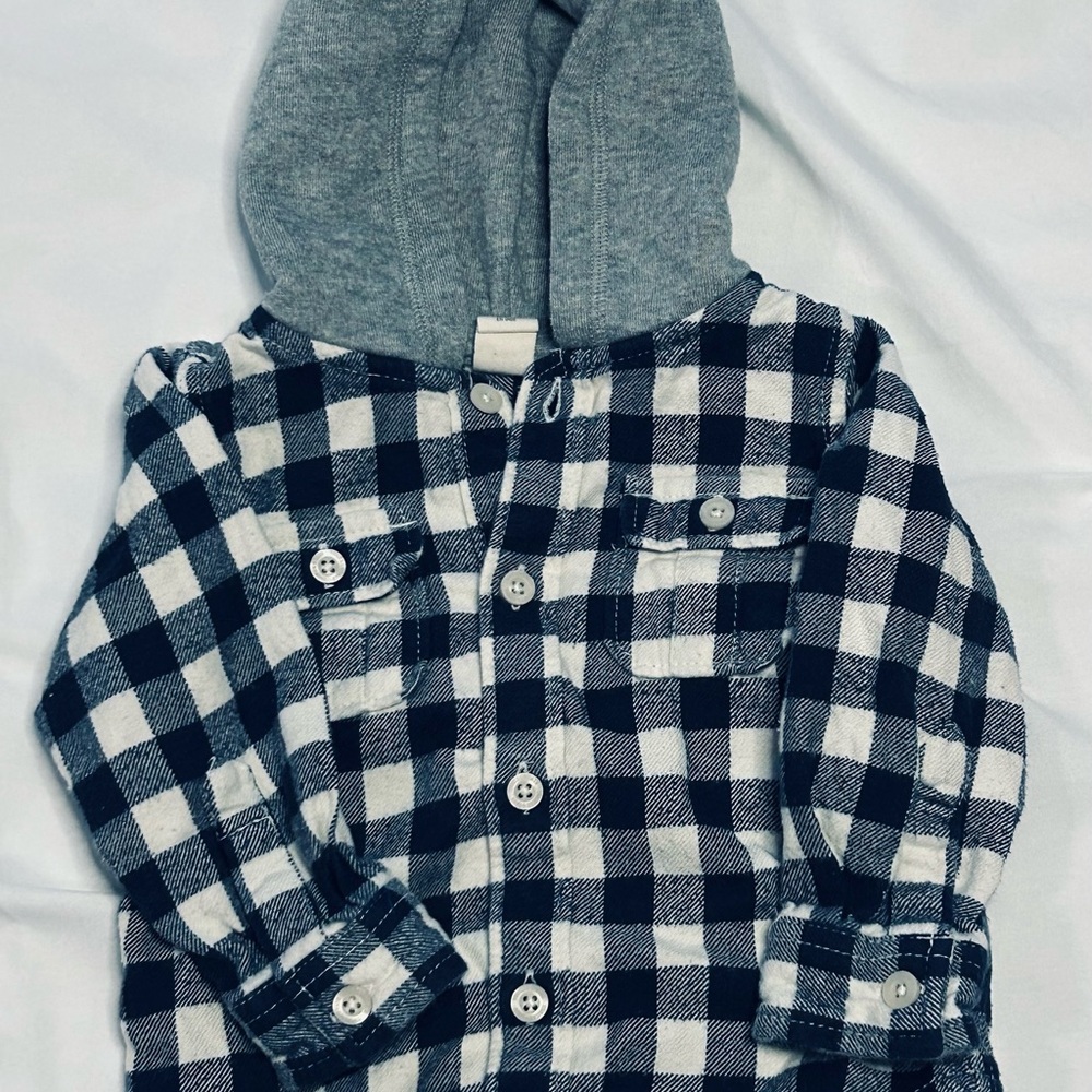Tucker + Tateโ Blue and White Plaid Kids Jacket with Gray Hood